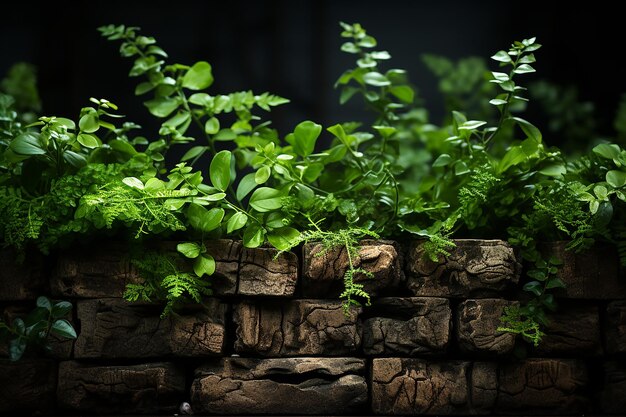 Foto iperrealistica di un muro di mattoni con piante verdi