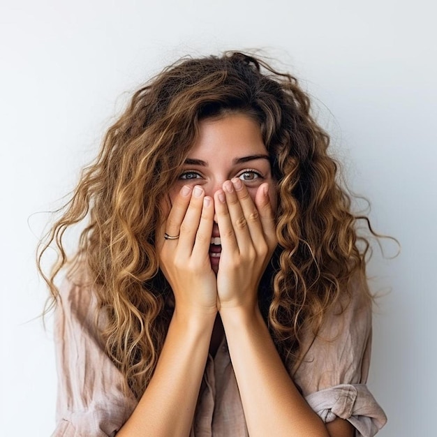 foto isolata di una ragazza divertente in camicia casual che copre il viso con entrambe le mani giovane modella femminile
