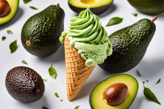 Foto isolato di cono di gelato di avocado su sfondo bianco