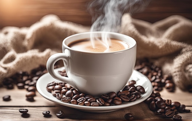 Foto leggera nei toni del bianco e del beige Tazza di caffè caldo con vapore su uno sfondo in legno Chicchi di caffè Atmosfera accogliente e familiare in colori pastello Questa foto è stata generata utilizzando Playground AI