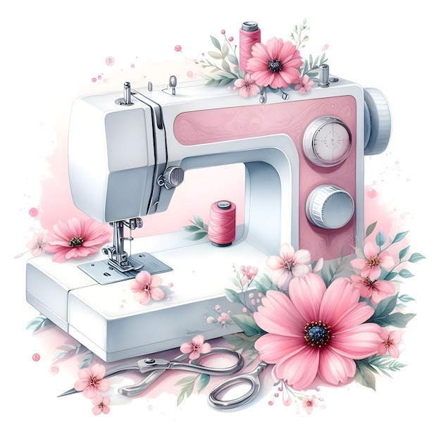 Foto macchina da cucire acquerello rosa con alcuni fiori immagine HD