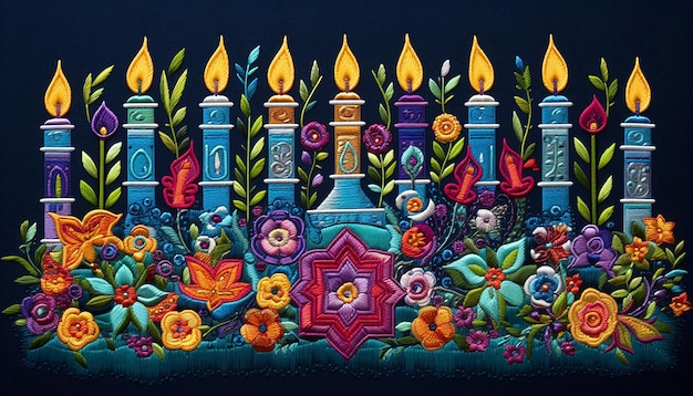 Foto macro con ricamo di candela di Hannukkah