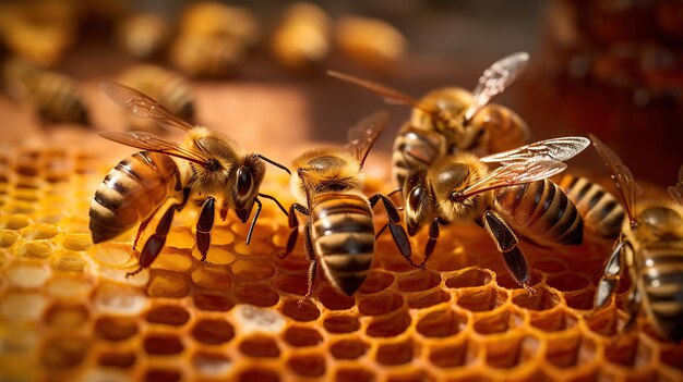 Foto macro di api al lavoro sui favi Apicoltura e produzione di miele IA generativa