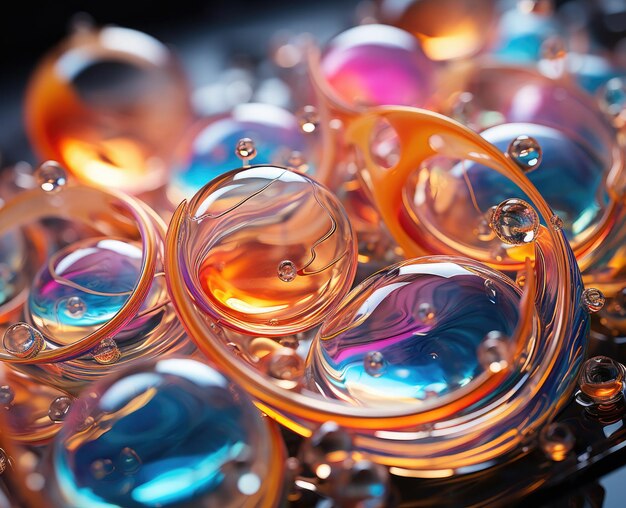 Foto macro di dettaglio di close up di bolle di sapone natura arcobaleno luccicante composizione dinamica colorata