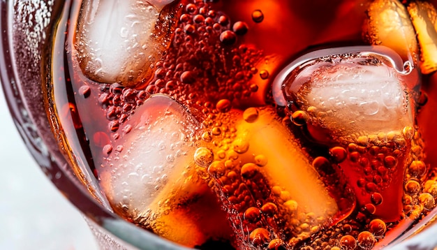 Foto macro di un bicchiere con Coca-Cola e cubetti di ghiaccio vista dall'alto