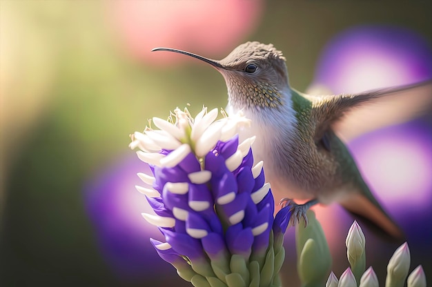 Foto macro di un colibrì con un fiore viola