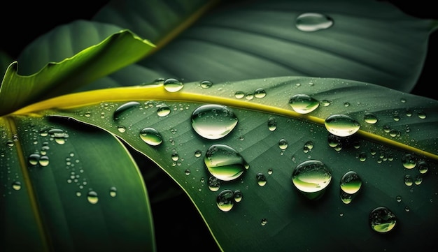 Foto macro molte gocce d'acqua cadono sulle foglie di banano