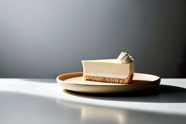 Foto minimalista di una deliziosa cheesecake su uno sfondo grigio lunatico IA generativa