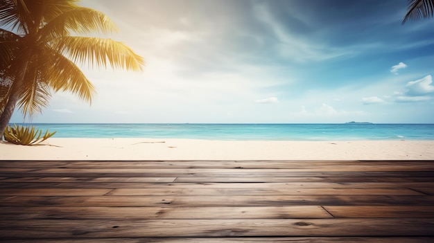 Foto mockup tabe di legno vuota in spiaggia generata da ai