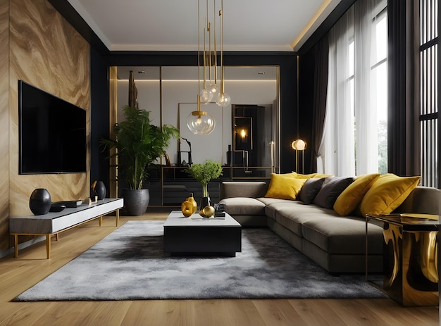 Foto moderno lusso colore ricco e giallo moderno salotto interior design rendering 3D