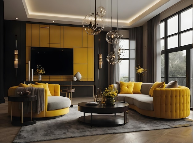 Foto moderno lusso colore ricco e giallo moderno salotto interior design rendering 3D