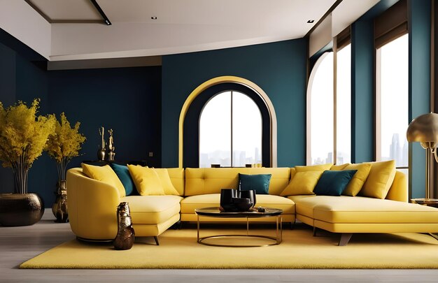 Foto moderno lusso colore ricco e giallo moderno salotto interior design rendering 3D