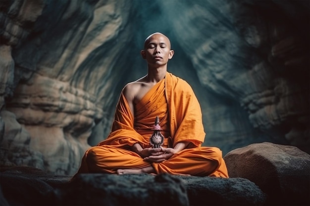 foto monaco buddista in abiti tradizionali arancioni si siede