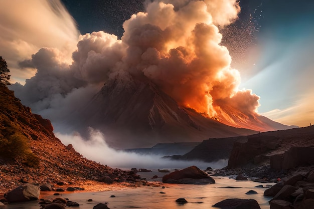 foto montagna in eruzione vomita cenere infuocata nel cielo generata da ai