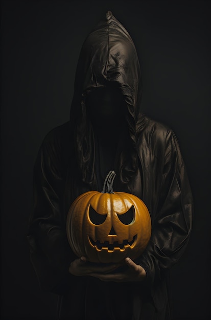 Foto Mostro maschio spaventoso e raccapricciante in piedi nell'oscurità con il concetto di zucca per il giorno di halloween