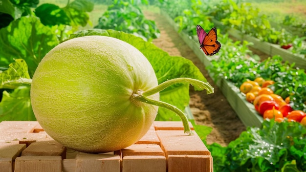 foto naturale di un melone succoso appena raccolto sdraiato su una cassa di legno