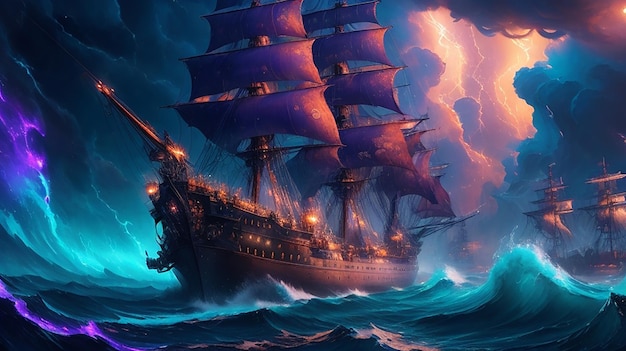 Foto nave pirata intrappolata in una nebulosa cosmica del vortice