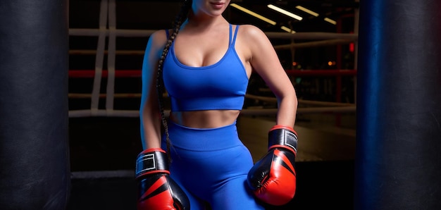Foto noname di una donna tettona atletica in un ring di pugilato Il concetto di sport e arti marziali miste