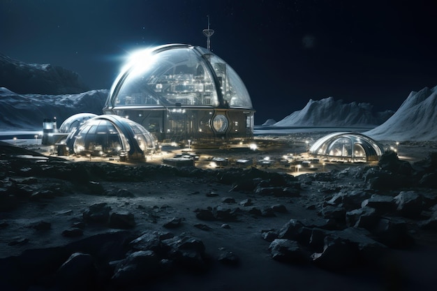 Foto notturna di una base di trasbordo sulla luna Tecnologie moderne per organizzare colonie umane su altri pianeti