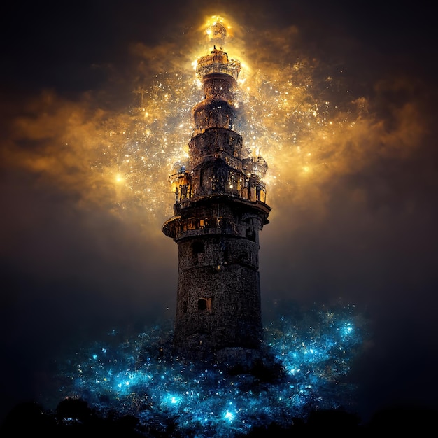 Foto notturna di una torre magica, fantasia di illuminazione spirituale