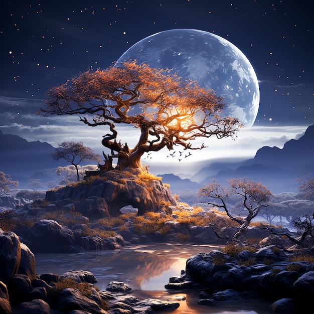 Foto nuvole alberi stelle luna fantasia disegno immagine ai arte generata