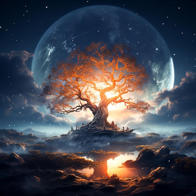 Foto nuvole alberi stelle luna fantasia disegno immagine ai arte generata