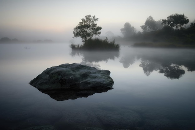 Foto orizzontale di un lago nebbioso al mattino IA generativa