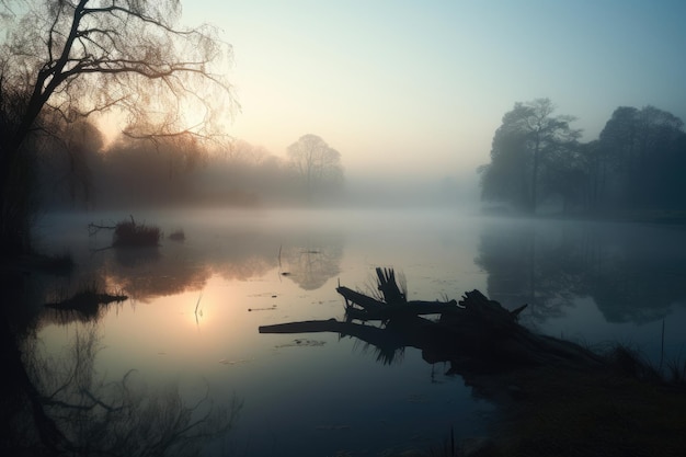 Foto orizzontale di un lago nebbioso al mattino IA generativa