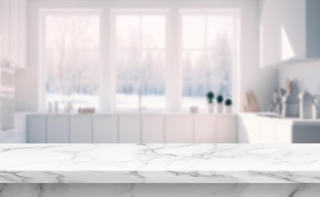 Foto orizzontale di un tavolo in marmo con sfondo sfocato di interni dal design moderno e contemporaneo