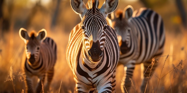 Foto orizzontale di zebre in Africa sullo sfondo del tramonto Foto di alta qualità AI generativa