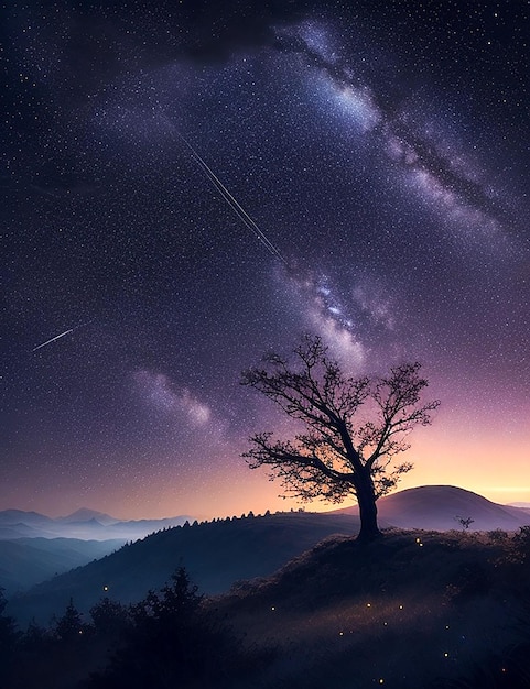 Foto paesaggio 3D con silhouette di albero contro un cielo spaziale notturno generato da AI