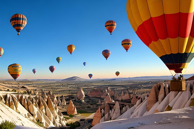 Foto palloncini ad aria calda sopra lo sfondo naturale della Cappadocia