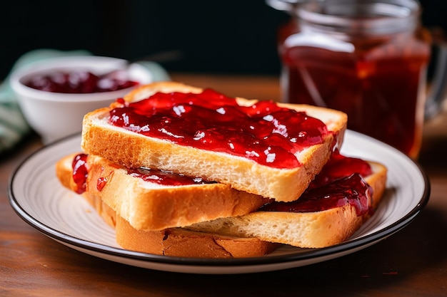 Foto pane di grano intero fatto in casa con marmellata di fragole e fragole fresche generate da Ai