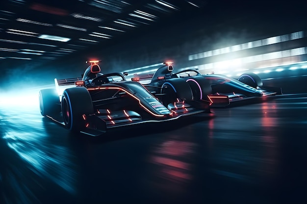 Foto Panning Auto di Formula Uno che si superano sulla pista di asfalto con AI generativa al neon