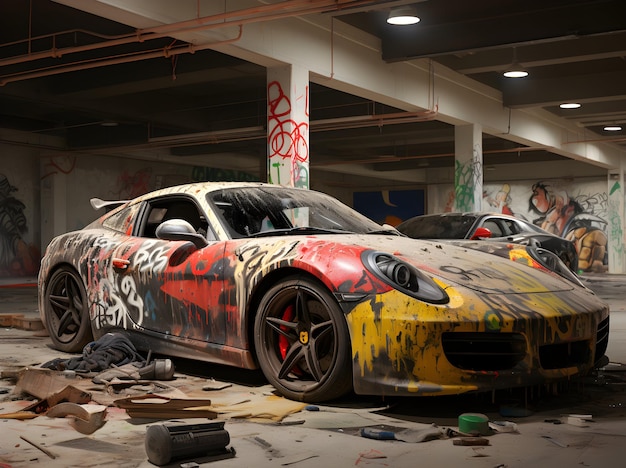 Foto parcheggio auto da corsa di lusso in garage coperto in vista ravvicinata generativa ai