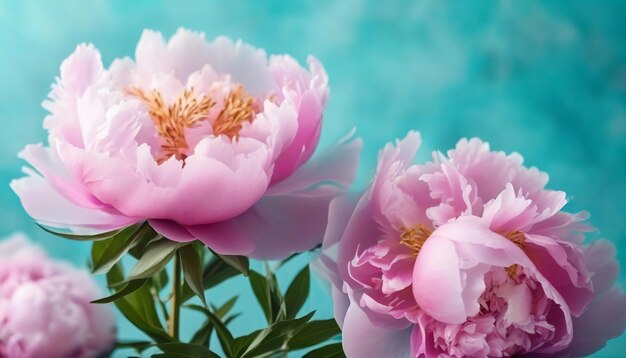 Foto peonie rosa e foglie con ombra dura sulla superficie pastello copia spazio modello di tendenza somma