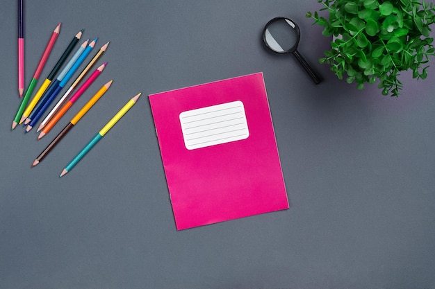 Foto piatta della scrivania dell'area di lavoro con accessori per la scuola o forniture per ufficio