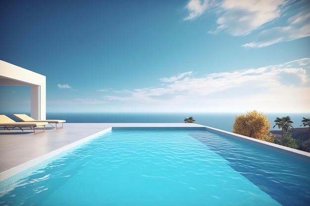 Foto piscina in resort moderno con sfondo vista oceano ai generato