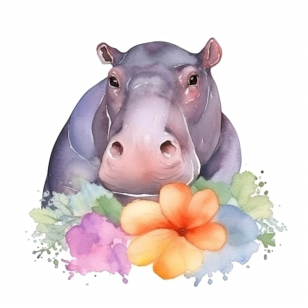 Foto pittura ad acquerello di un simpatico ippopotamo con fiori