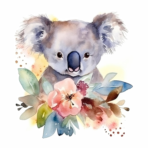 Foto pittura ad acquerello di un simpatico koala con fiori