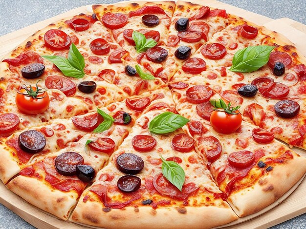 Foto pizza pizza ripiena di pomodori, salame e olive
