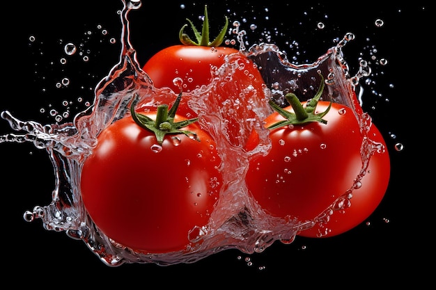 Foto pomodori in spruzzi d'acqua su sfondo nero ai generativa