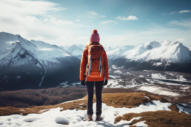 Foto posteriore di una femmina in cima se la montagna è in trekking foto di alta qualità