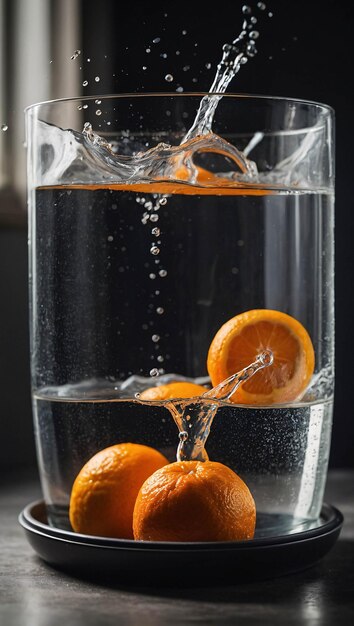 Foto Premium Frutta d'arancia matura spruzzata con acqua fresca Modello di pubblicità di sfondo