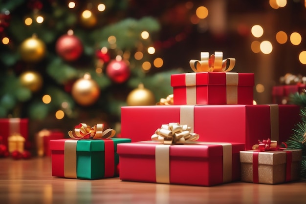 foto presenti confezioni regalo davanti all'albero di Natale regalo di Natale sfondo