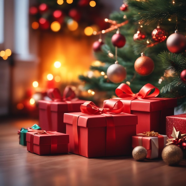 foto presenti confezioni regalo davanti all'albero di Natale regalo di Natale sfondo