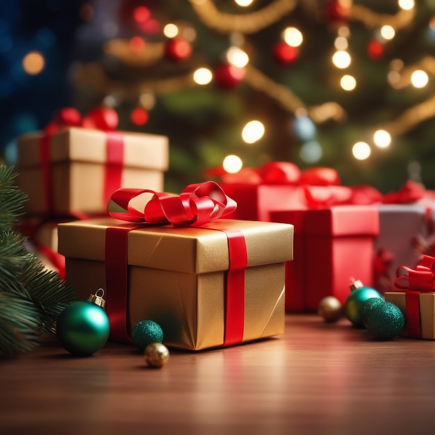 foto presenti scatole davanti all'albero di Natale sfondo di alta qualità