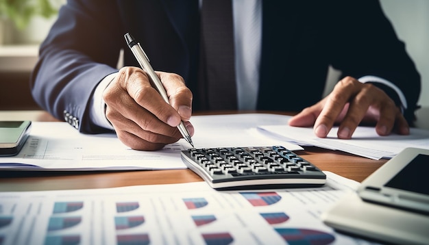 foto primo piano dell'economista che usa la calcolatrice mentre passa attraverso le bollette e le tasse in ufficio