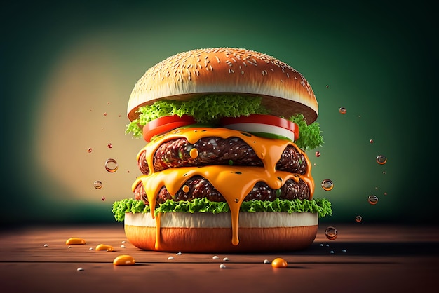 foto primo piano di un gustoso hamburger sul tavolo in legno 3d rendering illustrazione