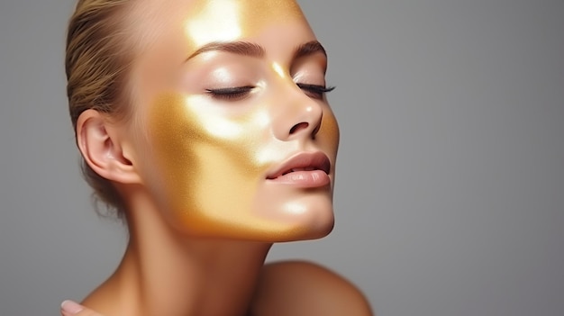 foto primo piano di una giovane donna sana con maschera cosmetica dorata sulla pelle morbida generata dall'intelligenza artificiale